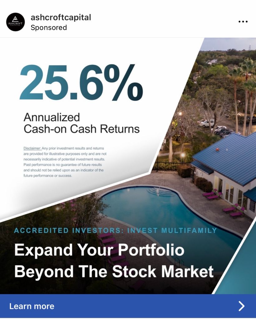 Ashcroft Capital Instagram Sponsored Ad — 25.6% Annualized Cash-on-Cash Returns