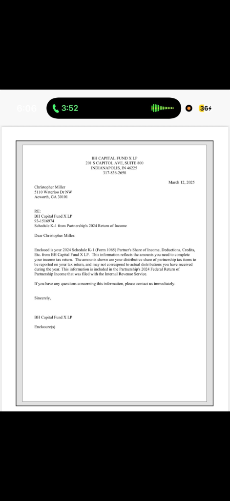 BH Capital Fund X LP K-1 letter to Chris Miller