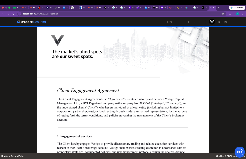 Vestige Client Engagement Agreement showing Clause 18 referral arrangement and conflict waiver